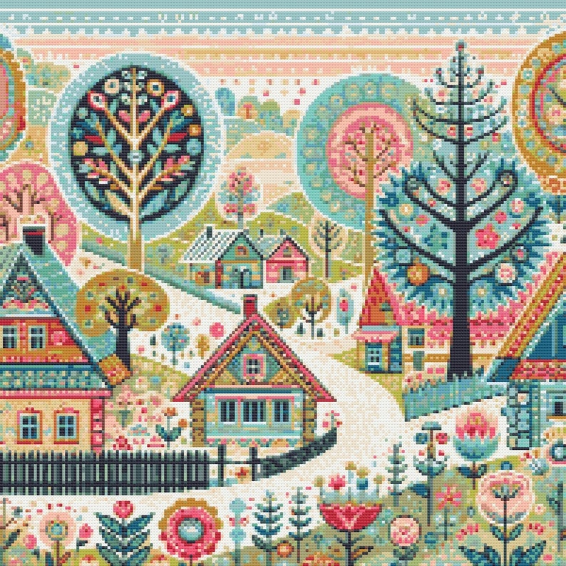 Village Cross Stitch Pattern houses pdf instant download folk art town counted cross stitch pattern whimsical full coverage large image 2