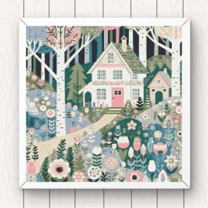 Cottage Cross Stitch Pattern: Whimsical House, Trees, Flowers (PDF Download)