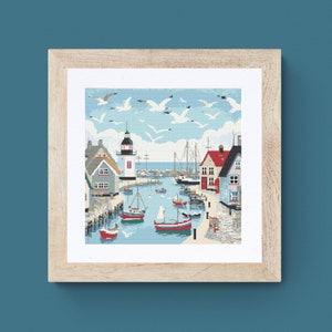 May include: A colorful painting of a small harbor town with a lighthouse, red and white houses, and boats in the water. The sky is blue with white clouds and there are seagulls flying overhead.