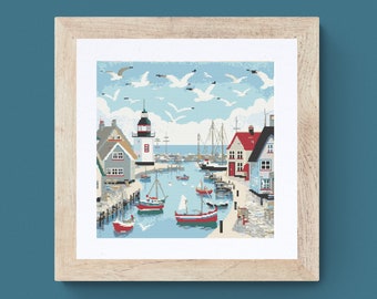 Harbour Cross Stitch Pattern: Boats, Seagulls, Lighthouse (PDF Download)