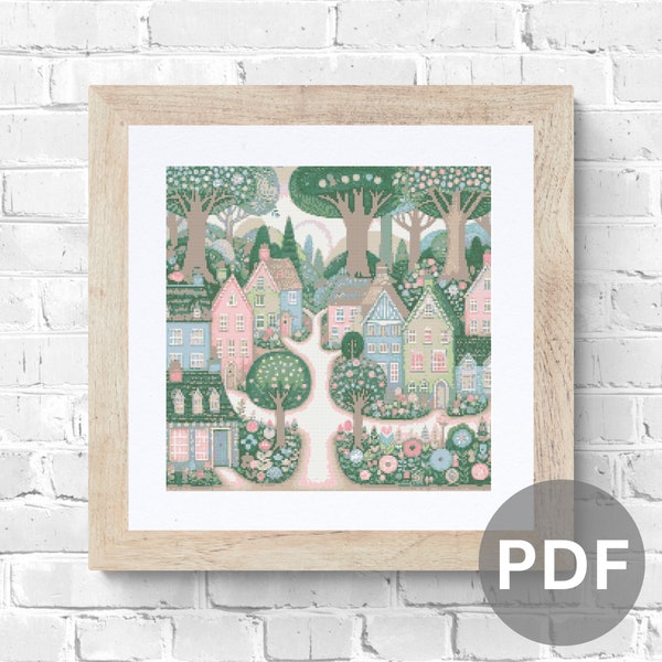 Village Cross Stitch Pattern Houses pdf instant download folk art style counted cross stitch pattern whimsical cottagecore full coverage