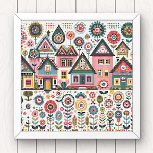 Village point de croix motif maisons et fleurs pdf téléchargement immédiat ville d'art populaire compté grille de point de croix couverture complète fantaisiste grande