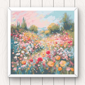 May include: A painting of a field of colorful flowers in a landscape setting. The flowers are in shades of pink, red, orange, yellow, and white. The background is a soft blue sky with a few clouds.