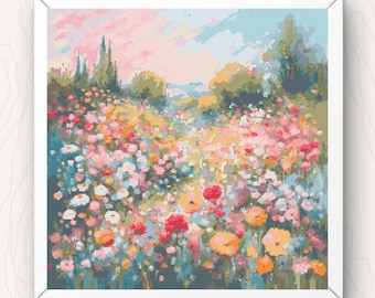 Flower Meadow Cross Stitch Pattern: Abstract Floral Art (PDF Download)