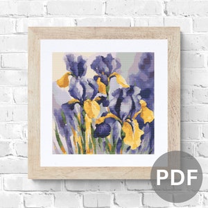 Patrón de punto de cruz de lirios, flores de iris de acuarela modernas en azul y amarillo, descarga en pdf, gráfico de punto de cruz floral de gran cobertura completa