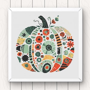 Colorful Pumpkin Cross Stitch Pattern: Fall Halloween Folk Art (PDF Digital Download)