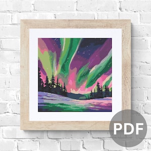 Northern Lights Cross Stitch Pattern landscape sky pdf instant download aurora borealis countryside counted cross stitch chart full coverage