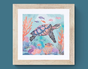 Kruissteekpatroon zeeschildpad: modern aquarel oceaandier (pdf-download)