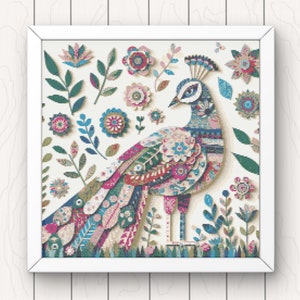 Puede incluir: Un pavo real colorido con un diseño estampado se encuentra en un campo de flores. El pavo real está hecho de varios colores y patrones, incluyendo rosa, azul, verde y amarillo. Las flores también son coloridas y tienen una variedad de formas y tamaños.