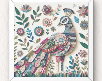 Peacock Cross Stitch Pattern: Floral Bird Design (PDF Download)