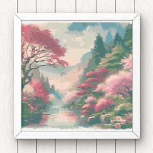 Cherry Blossom Landscape Cross Stitch Pattern: Japanese Watercolour (PDF Pattern)