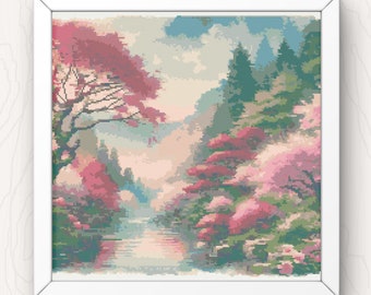 Cherry Blossom Landscape Cross Stitch Pattern: Japanese Watercolour (PDF Pattern)