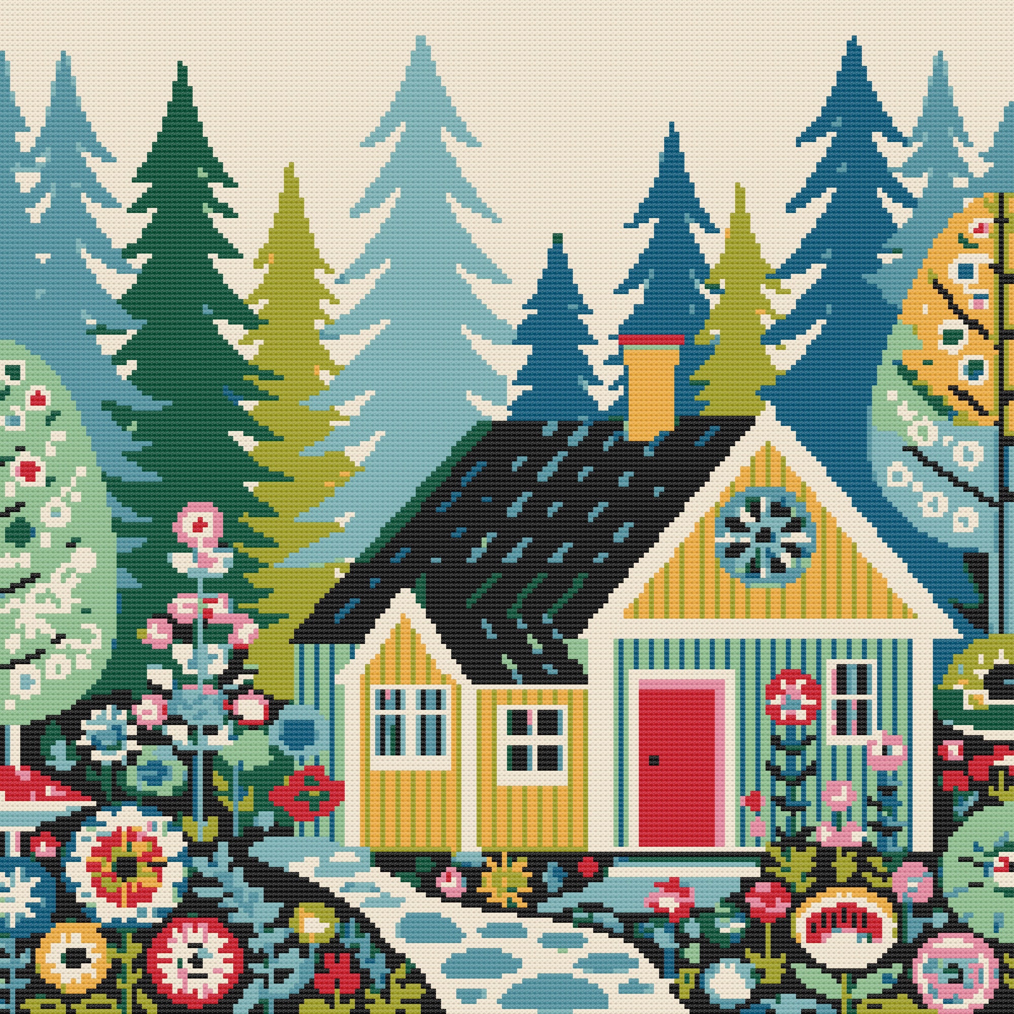 Cabin Cross Stitch Pattern Forest Woods Trees Pdf Instant Download Folk ...