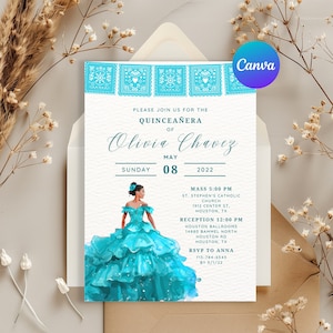 aquamarine quinceañera invitation, mexican, princess dress, 15th birthday, sweet sixteen, cumpleaños, mis quince años editable template