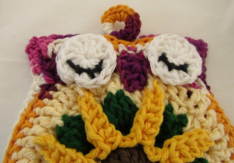 Crocheted Cute Owl Pot Holder Burgundy Yellow 100 Cotton Etsy