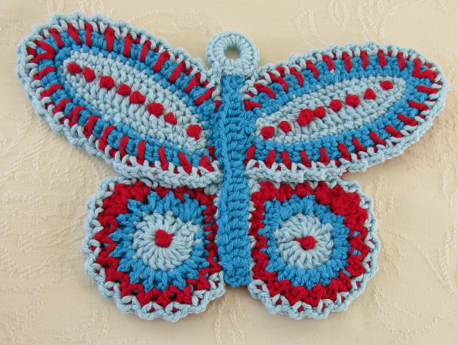 Crocheted Blue/Red Butterfly Pot Holder Vintage Pattern Etsy