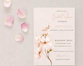 Può includere: Un invito a una bridal shower floreale rosa e bianco con il testo "Join us for a Bridal Shower Honoring Jessica Hall Saturday, May 20th at 2PM Madison Hall 234 Happiness Lane Los Angeles, CA 67345 RSVP to Karen 945-555-5555 Register at Amazon & Target"
