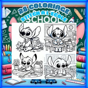 Peut inclure: Quatre illustrations en noir et blanc de Stitch de Lilo & Stitch. Stitch est représenté dans différents contextes scolaires, notamment en train de porter un sac à dos, assis à un bureau et en train d'écrire dans un cahier. Les illustrations sont intitulées "28 Coloriage Stitch a l'ecole School".