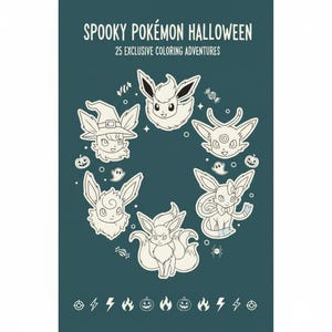 Peut inclure: Une affiche bleu canard avec le texte "Spooky Pokémon Halloween" et "25 Aventures de coloriage exclusives". Elle présente une disposition circulaire de personnages Pokémon stylisés avec des éléments d'Halloween.