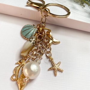Summer Keychain, Initial Charm Keychain, Purse Charms, Bag Charms, Purse Accessory, Seashell, Purse Dangle Accessory, Birthday Gift