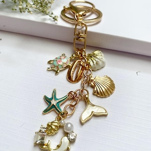 Summer Keychain, Initial Charm Keychain, Purse Charms, Bag Charms, Purse Accessory, Seashell, Purse Dangle Accessory, Birthday Gift