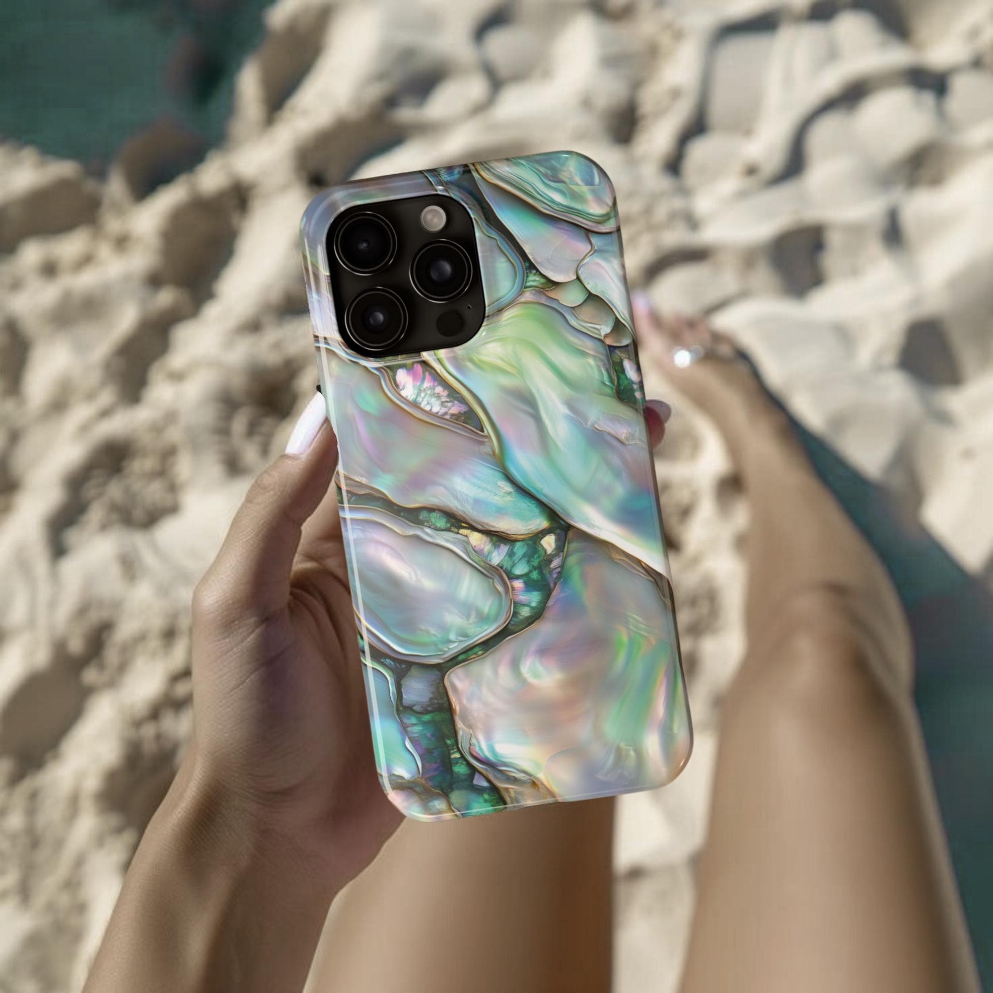 Jade Mollusk Shell Phone Case Iridescent Abalone Shell Phone Cover Pearlescent UV Print Mobile Case for iPhone, Samsung Galaxy, Google Pixel