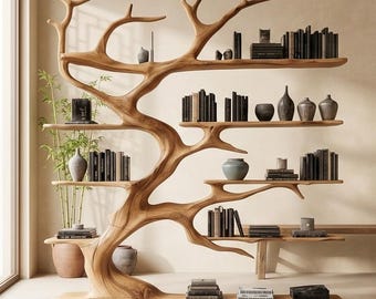 手作りの無垢材ツリー型本棚、素朴なツリー型本棚、職人技が光る木製壁掛け収納棚（ホームデコレーション用）
