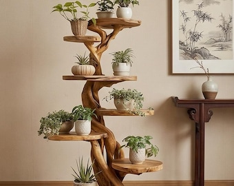 Soporte para plantas de madera natural hecho a mano, estante rústico con forma de árbol, expositor de madera para plantas de interior para la decoración del hogar.