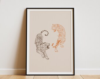 Tigers Poster, Tigers Wall Art, Digital Print, Home Decor, Tiger Print, Minimalist, Animal Poster, Rawr, Boho Home Decor, Orange, Beige