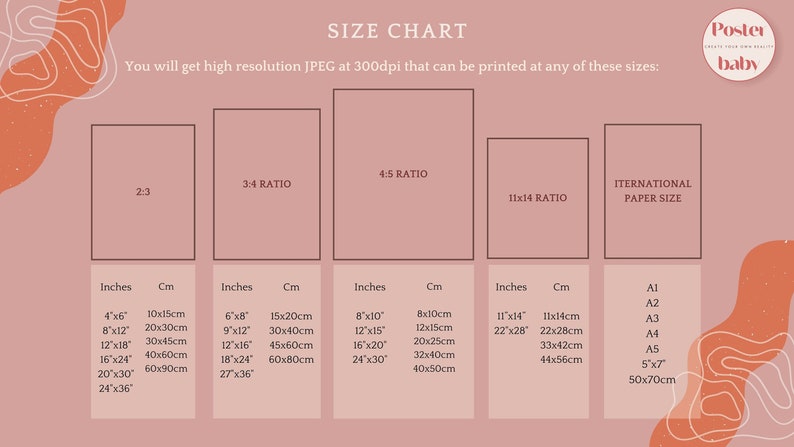 May include: A size chart for printable posters, showing different aspect ratios and international paper sizes. The chart includes measurements in inches and centimeters.