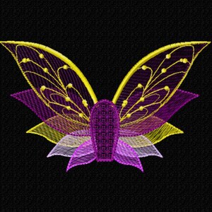 May include: A detailed embroidery design of fairy wings, featuring a combination of purple, yellow, and gold threads. The wings have a layered effect with intricate patterns and small, golden dots, set against a black background.