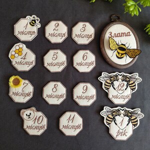 Può includere: Un set di segnapunti in tessuto ricamato con i numeri da uno a dodici in ucraino, decorati con motivi di api, favi e girasoli, che include una cornice circolare in legno con il nome Zlata e un disegno di un'ape.