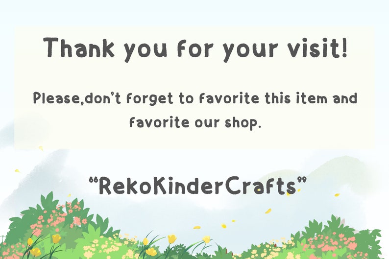 Peut inclure: Un message de remerciement avec un fond floral. Le texte dit "Merci de votre visite ! N'oubliez pas d'ajouter cet article &agrave; vos favoris et de suivre notre boutique. "RekoKinderCrafts""