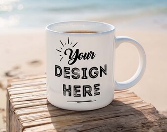 Taza Mockup Objeto Inteligente PSD - Sunny Beach, Verano, Vacaciones, Tropical, Yoga, Retiros de Spa, Resorts, Diseños de Camping