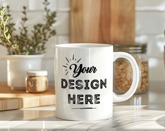 Mockup de taza Objeto inteligente PSD - Cocina soleada con hierbas - Muestre sus diseños para listados de tiendas, redes sociales, blogs o publicaciones de Pinterest