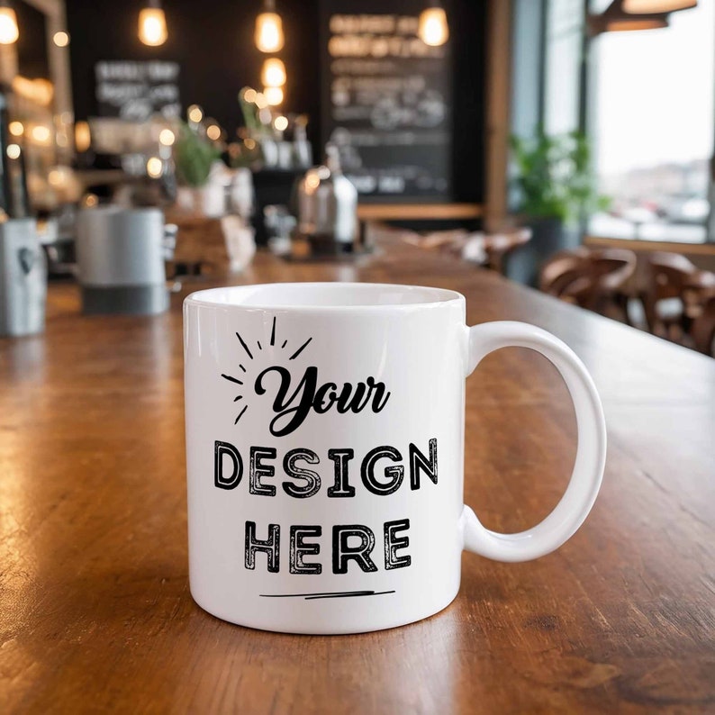 Puede incluir: Taza de caf&eacute; de cer&aacute;mica blanca con un dise&ntilde;o negro que dice "Your Design Here" sobre una mesa de madera.