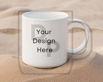 Weiße Kaffeetasse Mockup - Sandstrand, Sommer-Designs, Urlaub, Tropisch, Yoga, Spa Retreat, Resorts, Wellness, Boho, Camping, Outdoors