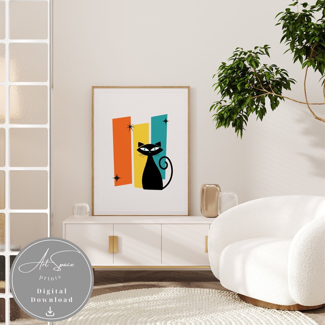 Mid Century Modern Black Cat Printable Wall Art DIGITAL DOWNLOAD - Etsy