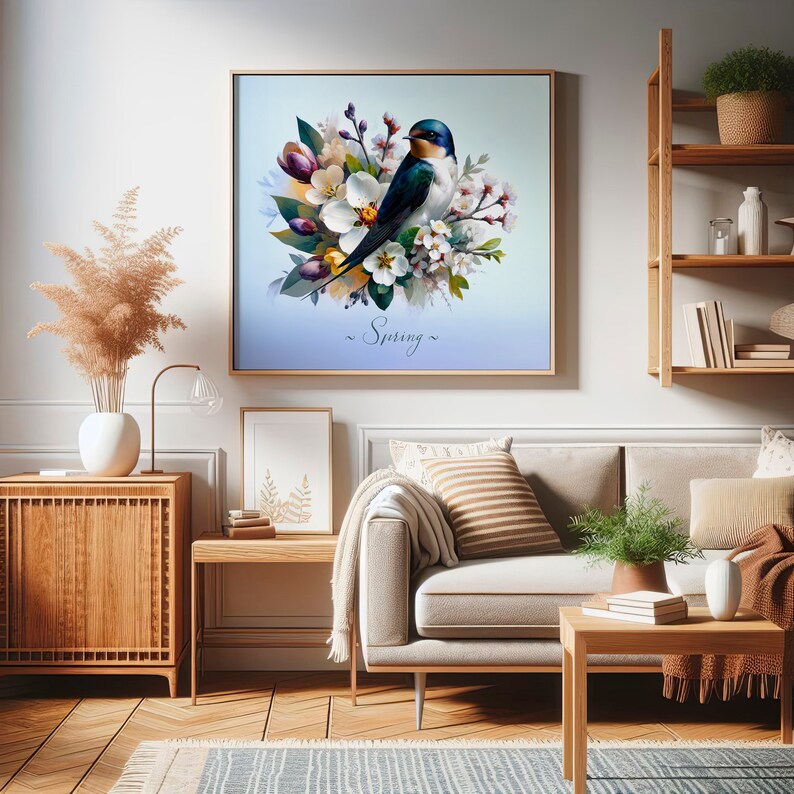 Primavera WallArt imprimible Ramo de flores y pájaro Artículo decorativo para el hogar Descarga instantánea Arte de inteligencia artificial imagen 5