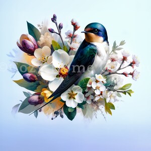 Primavera WallArt imprimible Ramo de flores y pájaro Artículo decorativo para el hogar Descarga instantánea Arte de inteligencia artificial imagen 7