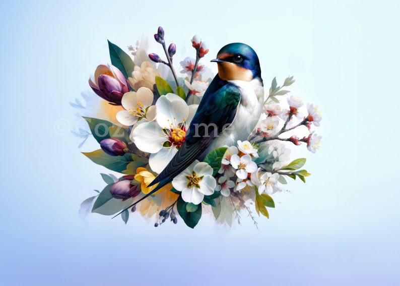 Primavera WallArt imprimible Ramo de flores y pájaro Artículo decorativo para el hogar Descarga instantánea Arte de inteligencia artificial imagen 7