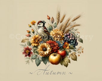 Otoño - WallArt imprimible - Ramo de flores y pájaro - Artículo decorativo para el hogar - Descarga instantánea - Arte de inteligencia artificial