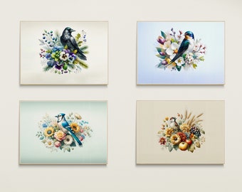 Conjunto de 4 WallArt imprimible Four Seasons - Ramo de flores y pájaro - Artículo decorativo para el hogar - Descarga instantánea - Arte de inteligencia artificial