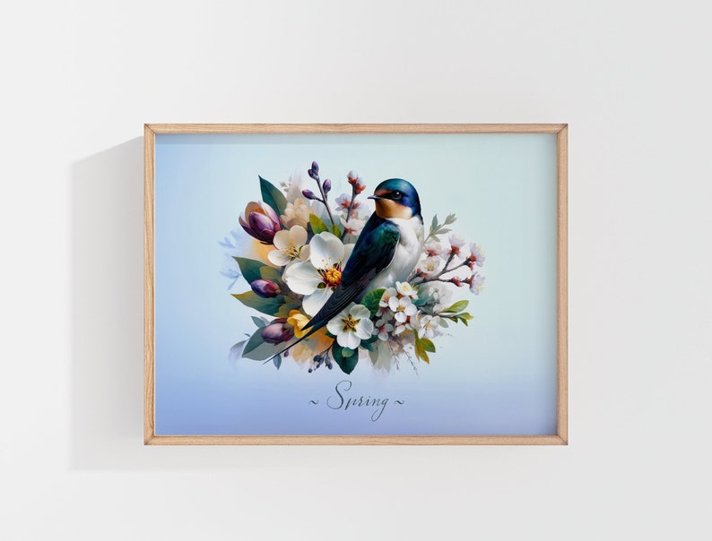 Primavera WallArt imprimible Ramo de flores y pájaro Artículo decorativo para el hogar Descarga instantánea Arte de inteligencia artificial imagen 2
