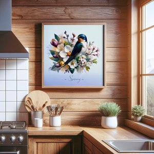 Primavera WallArt imprimible Ramo de flores y pájaro Artículo decorativo para el hogar Descarga instantánea Arte de inteligencia artificial imagen 6