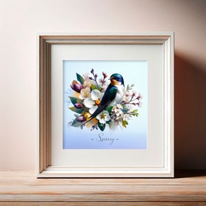 Primavera WallArt imprimible Ramo de flores y pájaro Artículo decorativo para el hogar Descarga instantánea Arte de inteligencia artificial imagen 3