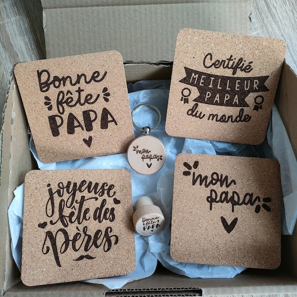 Coffret personnalisé / fête des pères / vin / papa / unique / cadeau / bouchon / porte clé / sous verre / bois / papou / box