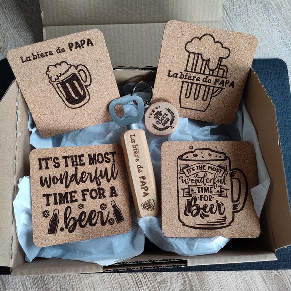 Coffret personnalisé / fête des pères / bière / papa / unique / cadeau / décapsuleur / porte clé / sous verre / bois / copains / amis /