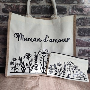 Sac Cabas en toile de jute personnalisé / pochette coton / vacance / maman / fête des mères / sac en jute / cadeau / courses / plage image 1