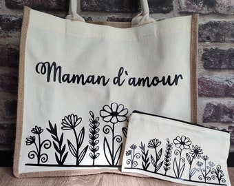 Sac Cabas en toile de jute personnalisé / pochette coton / vacance / maman / fête des mères / sac en jute / cadeau / courses / plage